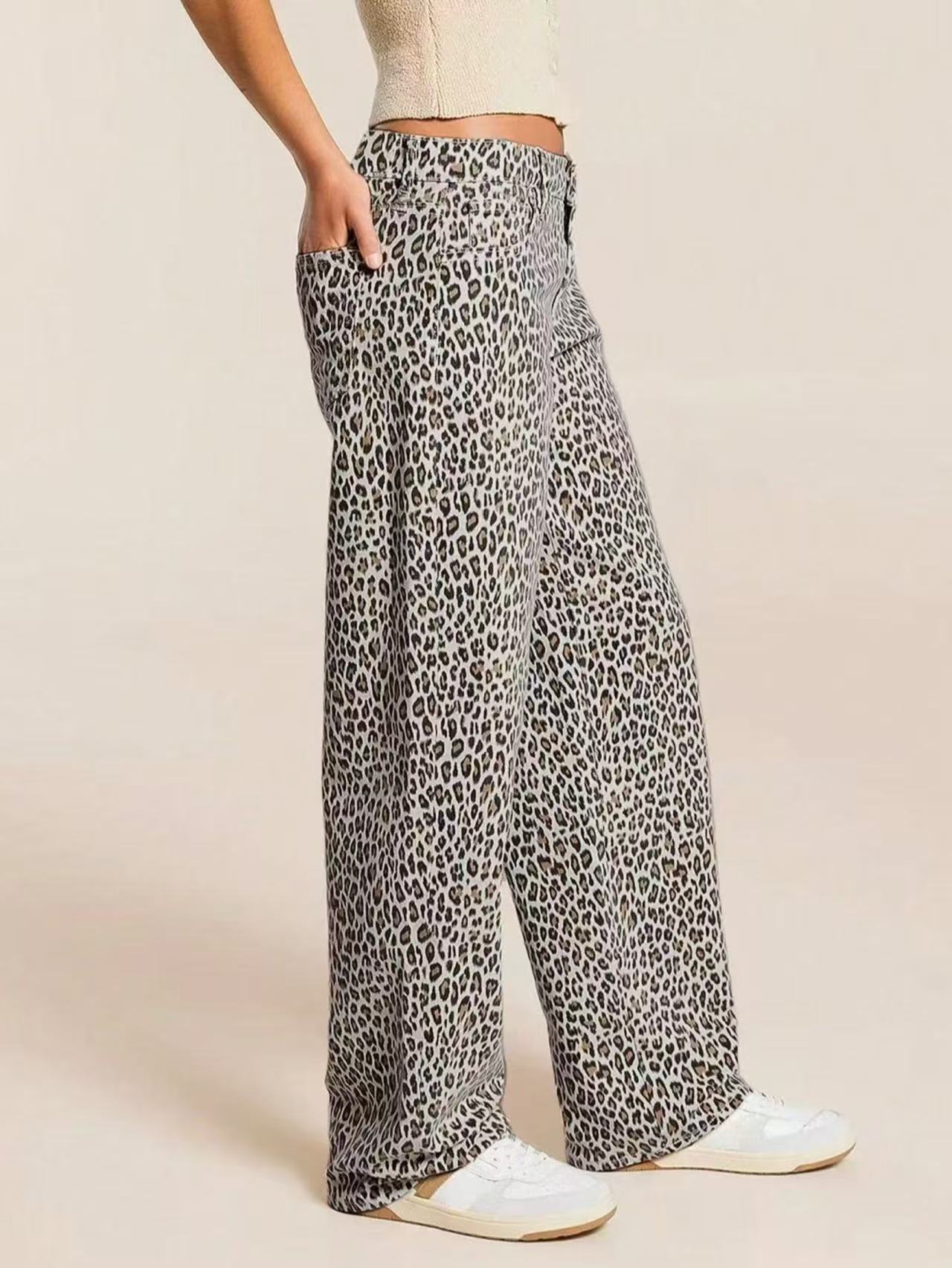 Jeans Rectos con Estampado de Leopardo para Mujer de Mezclilla, Alta Elasticidad, Tiro Medio, para Estilo Callejero