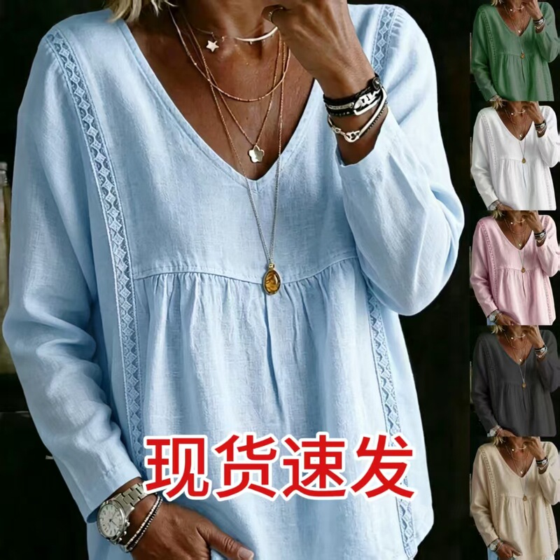 2026 New Foreign Trade Cross-Border Women's Lace V-Neck Pullover Solid Color Casual Long-Sleeve Top Shirt 2026 New Foreign Trade Cross-Border Women's Lace V-Neck Pullover Solid Color Casual Long-Sleeve Top Shirt