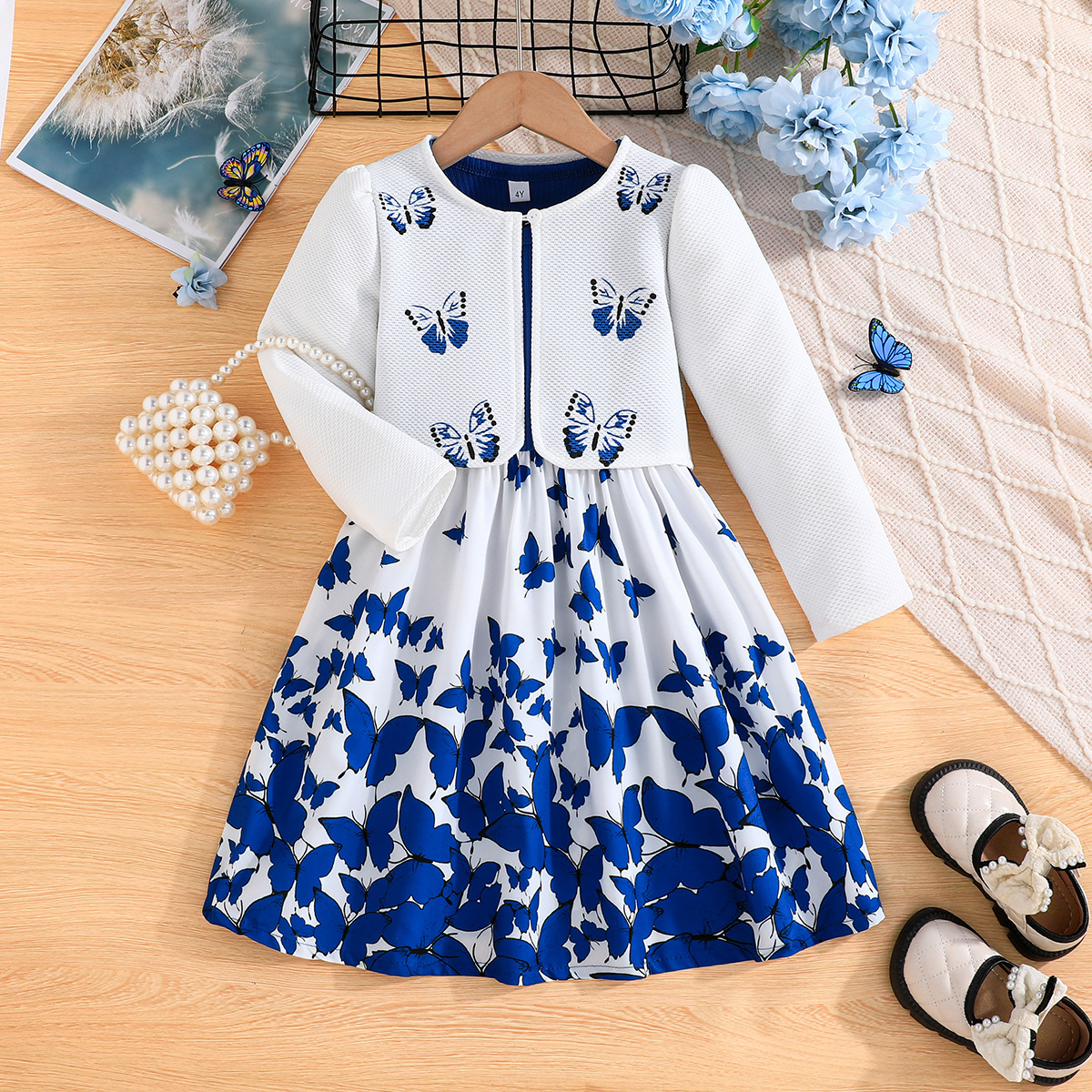 2024 INS autumn blue butterfly full print girls' coat dress two-piece set at home and abroad_voghion.com