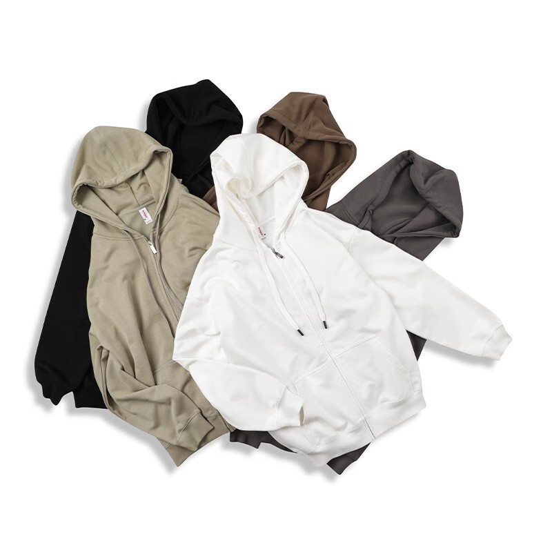 Lazy Style Hooded Cotton Sweatshirt Japanese Style 330g Heavyweight Oatmeal Gray Oversize Zipper Thin Outwear Unisex