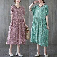 夏季新品连衣裙v领套头短袖印花宽松中长裙棉麻中老年妈妈裙