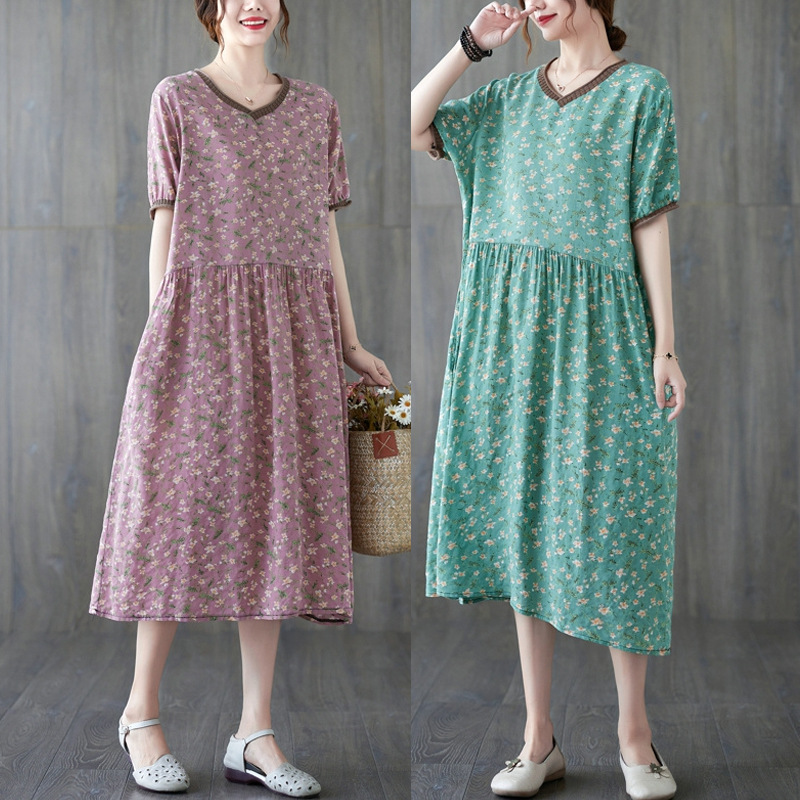 夏季新品连衣裙v领套头短袖印花宽松中长裙棉麻中老年妈妈裙
