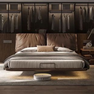 Modern Accessible Luxury Baxter Elephant Ear Classy Bed Master Bedroom Italian Normcore Accessible Luxury Leather Sensor Light Suspended Bed