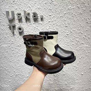 儿童复古皮带扣拼接骑士靴2026秋冬女童秋冬马丁靴时尚百搭机车靴