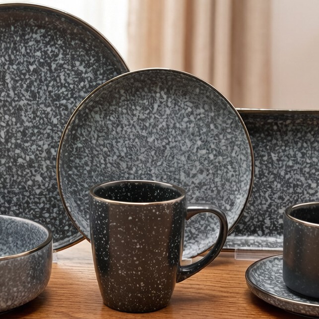 Japanese-Style Retro Kiln-Glazed Black and Gray Ceramic Dinnerware Set, Speckled Underglaze Bowls, Plates, and Cups for Commercial Wholesale