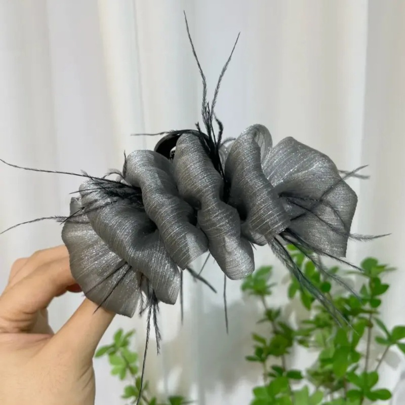 バブルガーゼグリッパーリボンフェザーブラックネットレッド新メッシュヘアピン女性の後頭部サメクリップ帽子|undefined