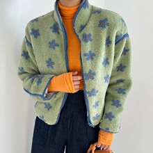 已出  复古甜美撞色花朵毛茸茸拉链棉服外套绿色均码灰色其他