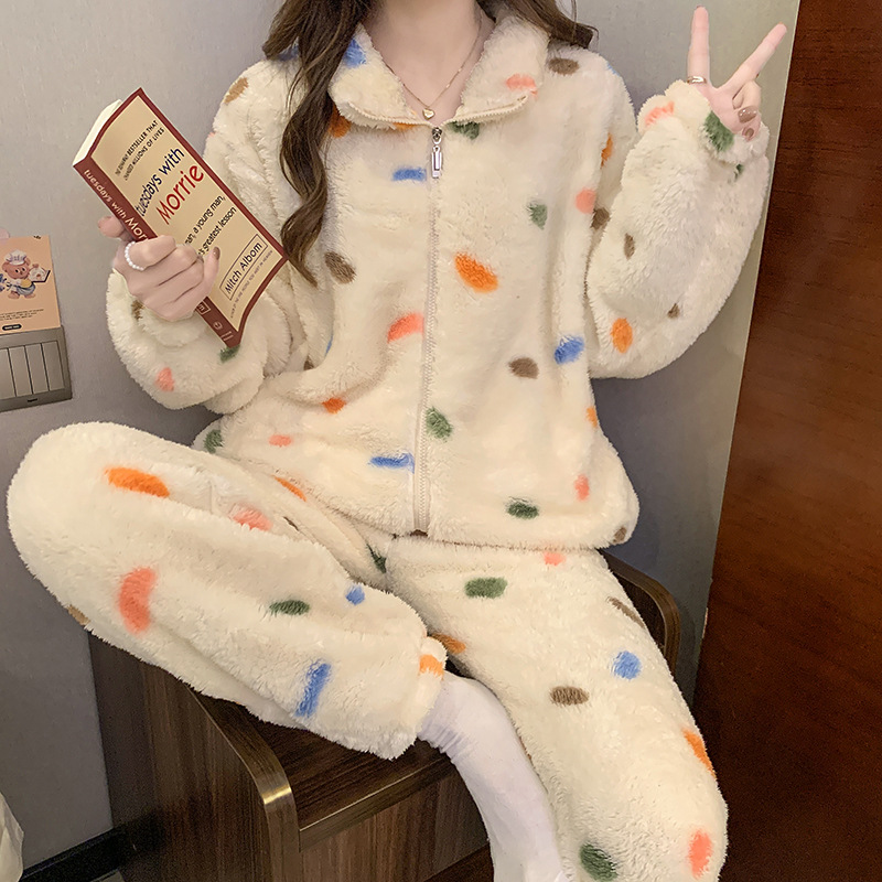 가을 겨울 봉제 지퍼 기모 두꺼운 잠옷 여성용 폴카 도트 산호 양털 홈 옷 세트 외장 착용
