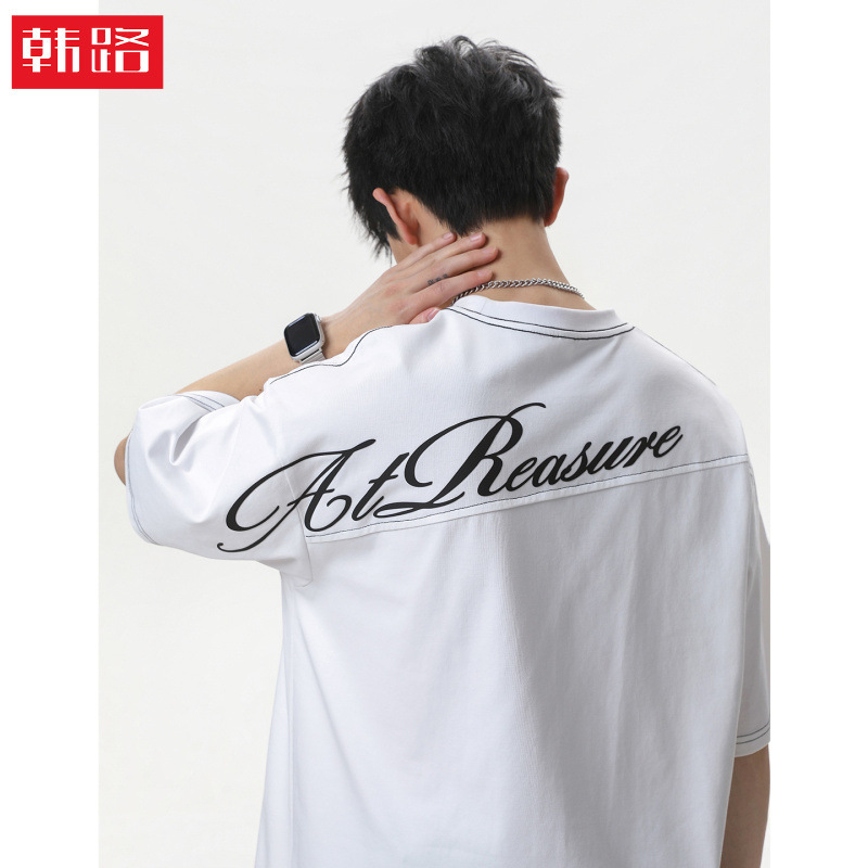 Back Split Design Pure Cotton Short-Sleeved T-Shirt for Men, Summer Trendy Brand, Casual American-Style Printed Half-Sleeved T-Shirt Q