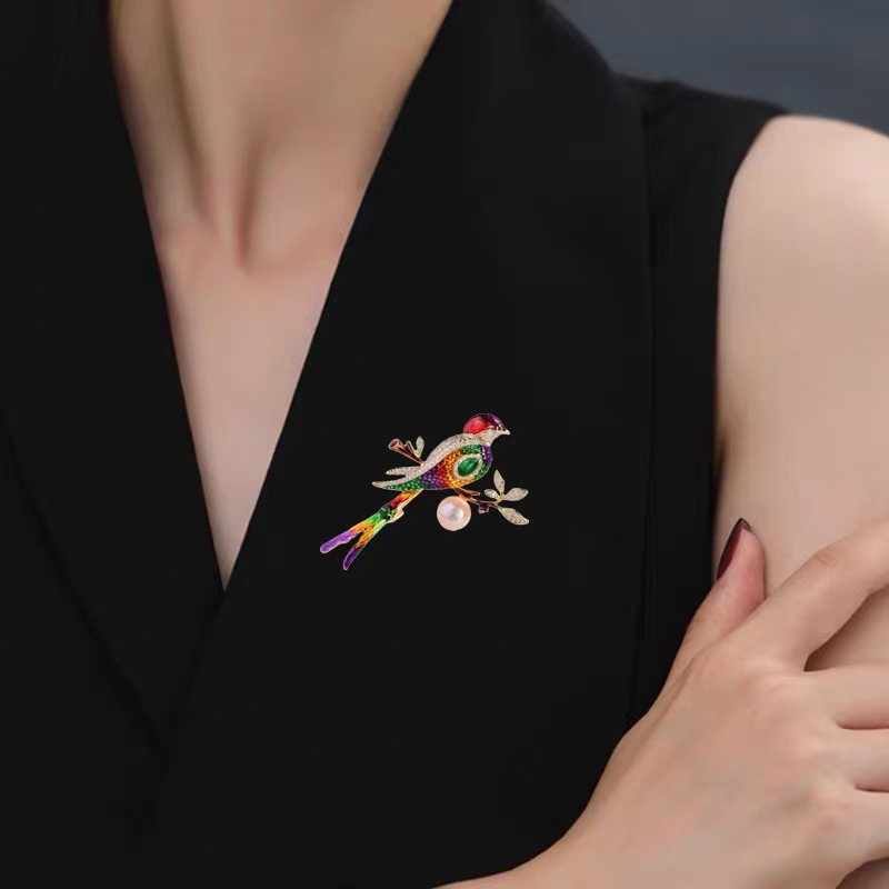 Chinese Style Enamel Magpie Brooch Advanced Sense Mixed Color Animal Corsage Accessories Cheongsam Pins Direct for Cross-border