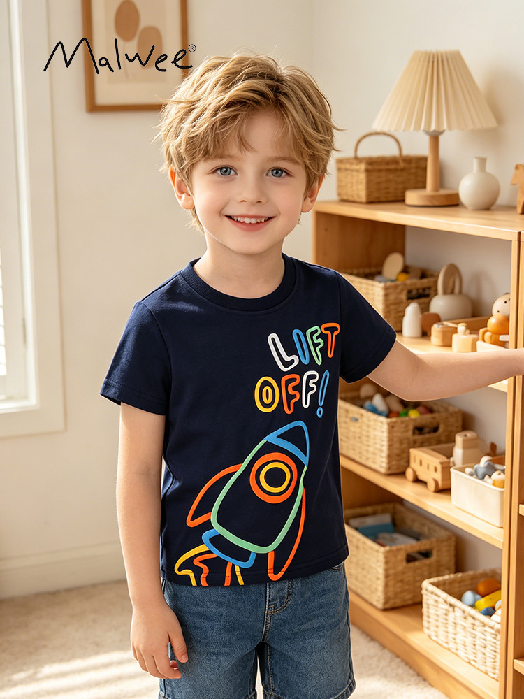 Cross-border malwee nuevo niño camiseta de manga corta estilo de verano refrescante diseño simple blusa de piel suave