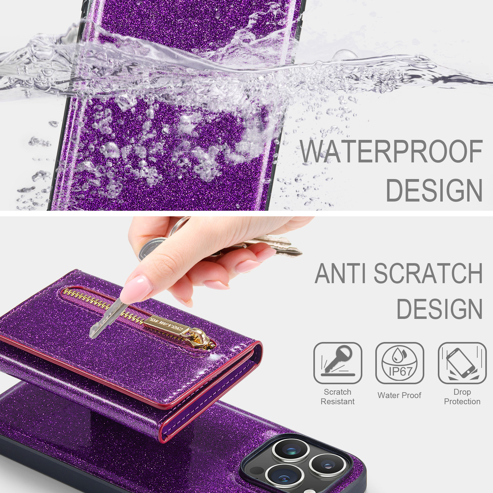 Custodia protettiva con portafoglio glitterato M3 per iPhone 13 Pro Max, custodia magnetica 2 in 1 per iPhone 13 Pro con ventosa_voghion.com
