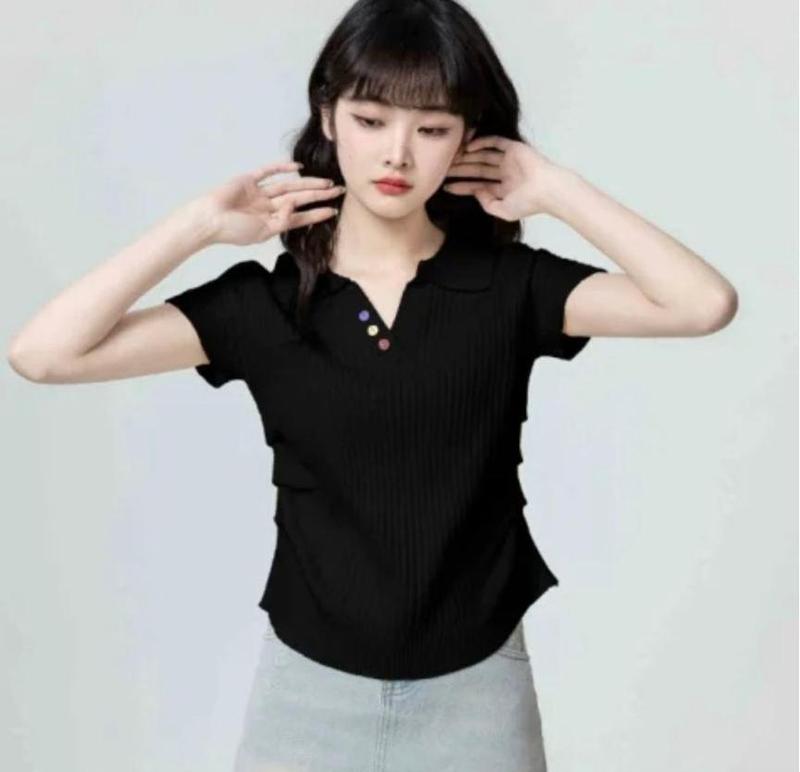 拉夏贝尔冰丝针织POLO衫短袖T恤女5新夏季褶皱修身翻领衣|undefined