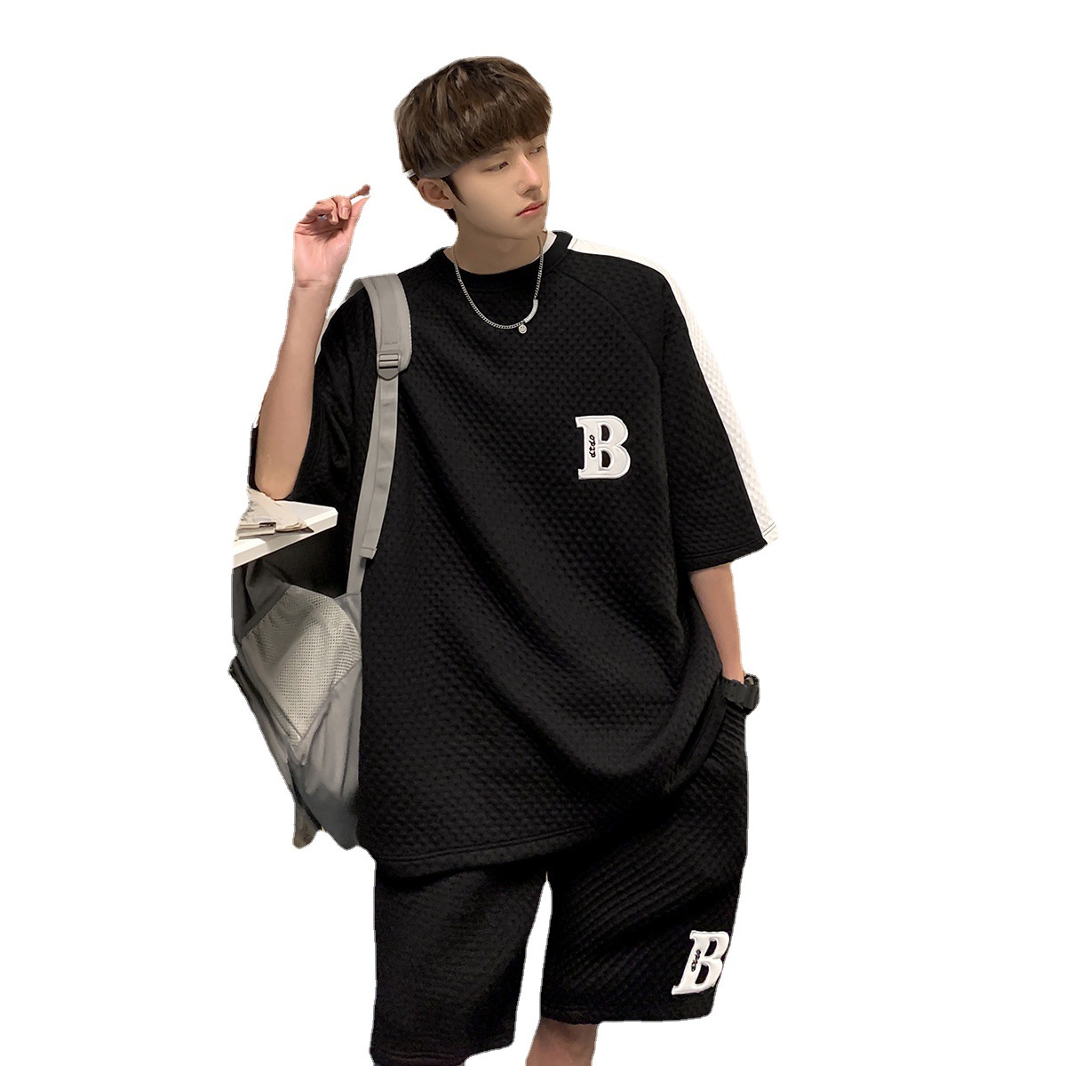 Waffle traje de verano para hombres New Youth estudiante de manga corta pantalones cortos de alta calle versátil marca de moda casual traje de dos piezas