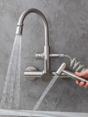 BB4C批發廚房陽台不鏽鋼洗菜盆洗衣池帶噴伸縮可旋轉雙孔入牆