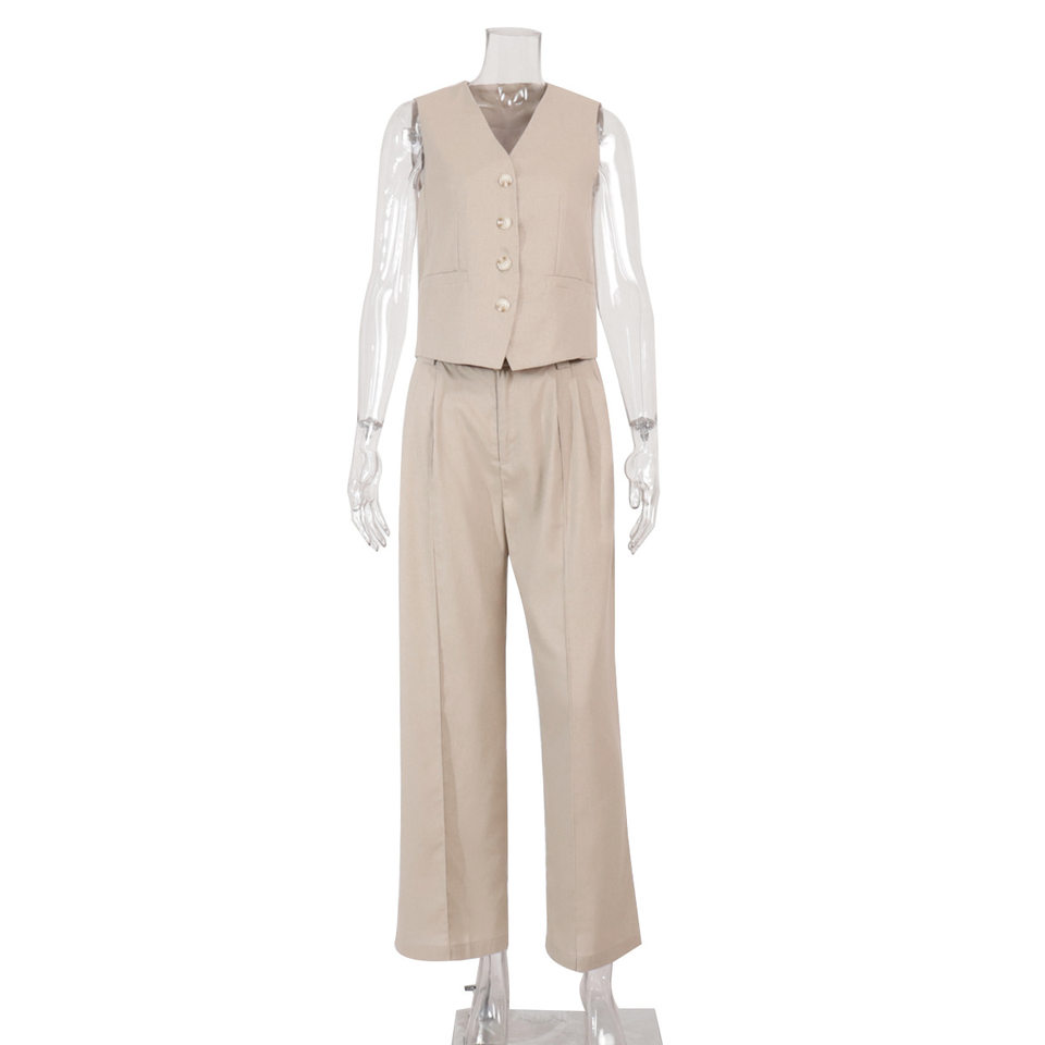 Bộ vest nữ hai mảnh áo vest không tay kèm quần cạp thấp phong cách hiện đại — Kaki, Màu cam, Màu đen chi tiết 2