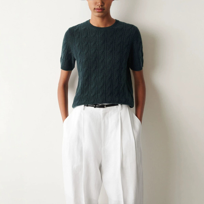 2026 Autumn New Product Cable Knit All-Wool T-Shirt in Deep Green/Ivory White, Round Neck Short Sleeve Top for Women