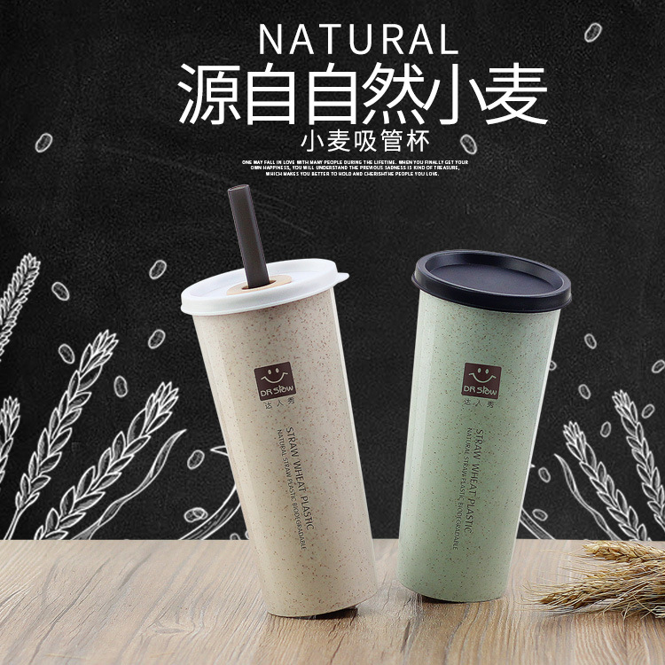 厂家直供小麦秸秆杯子家用麦香吸管杯单层一杯双盖创意胶圈密封杯