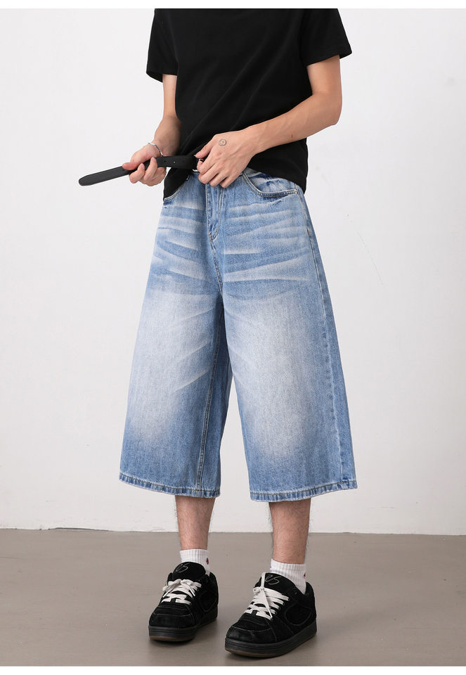 Quần short jeans nam ống rộng dáng lửng phong cách retro giặt mài — Màu xanh dương, Xanh nhạt chi tiết 14