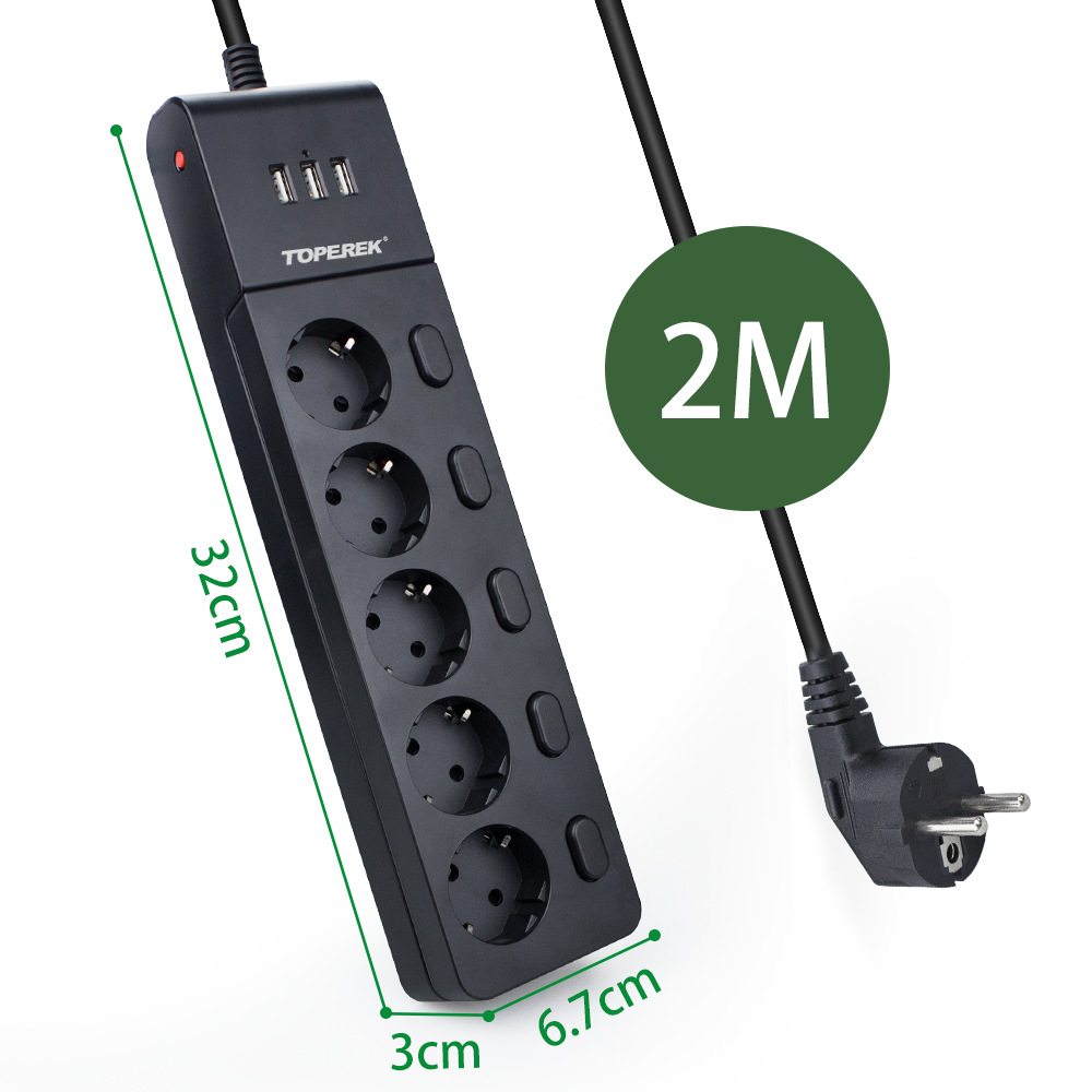 多功能大功率欧规排插带独立开关按钮  家用办公多孔插座带USB