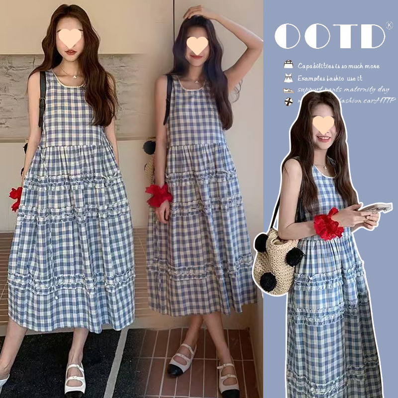 New Maternity Wear Retro Plaid Sleeveless Dress 2026 Korean Style Unique and Chic Maternity Long Dress New Maternity Wear Retro Plaid Sleeveless Dress 2026 Korean Style Unique and Chic Maternity Long Dress