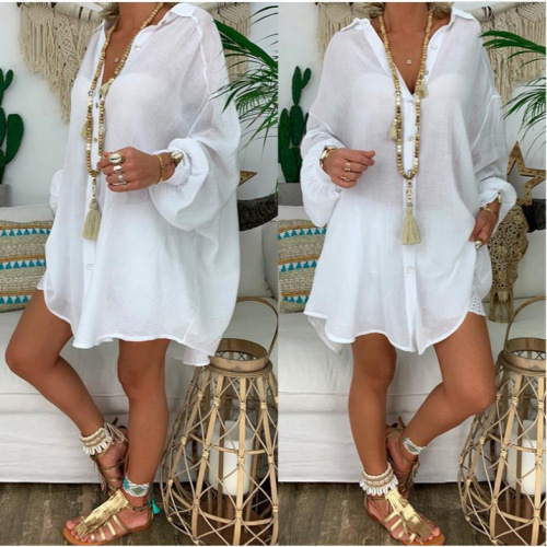 Cross-border Trade  European and American Cotton Linen Shirt Large Size Women's Clothes Button Loose Long-sleeved Casual Shirt Women's Top 