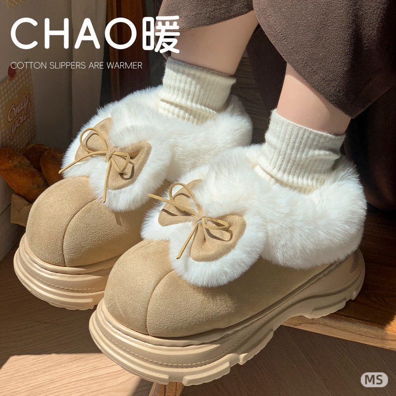 冬季外穿时尚蝴蝶结女款雪地靴毛绒踩屎感厚底保暖防滑时尚棉鞋|undefined