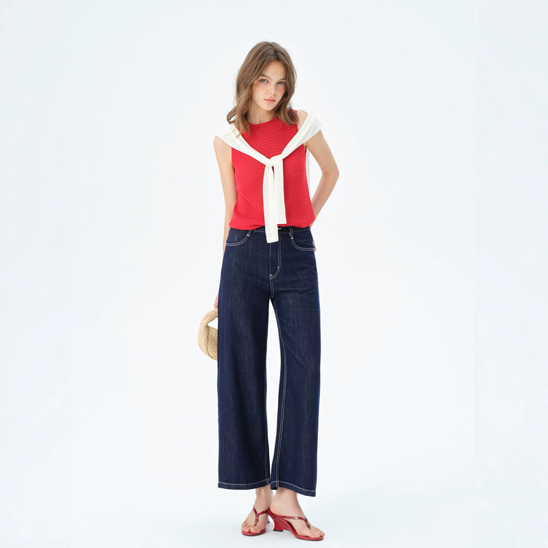 Mbb Non-Stretch Thin Lyocell Cropped Straight-Leg Jeans for Women, Summer Slim-Fit Original Denim Color Wide-Leg Pants for Commuting