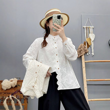 早秋纯棉小立领刺绣蕾丝花边领小衫女单排扣重工刺绣洋气长袖衬衣