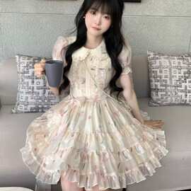 娃娃领可爱小清新连衣裙女大童夏季初中高中学生洛丽塔碎花公主裙
