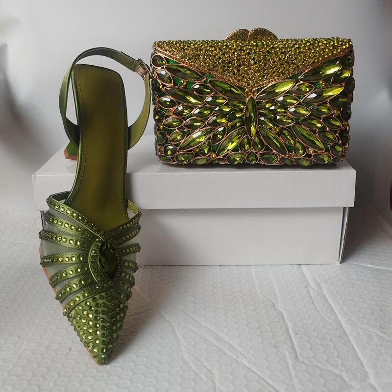 Xiyuan Rhinestone High Heels Pointed Toe Evening Bag and Shoes Complete Set of Handmade Diamond Olive Green High Heels Sandals