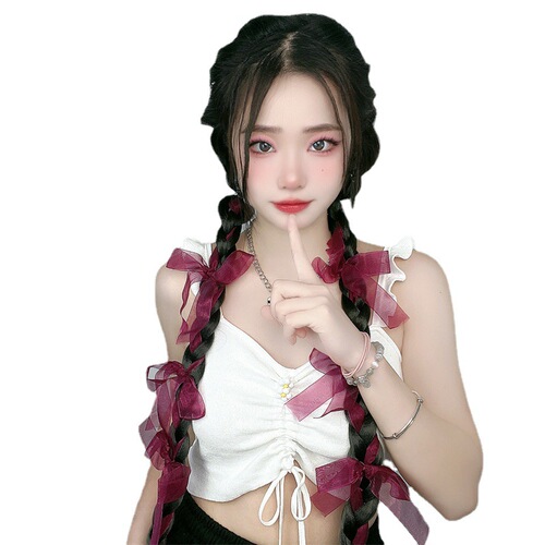 Female Hair Extension Braids with Satin Ribbons and Bow - Factory New Hot Hair Mechanism Double Ponytail - Dropshipping One Piece