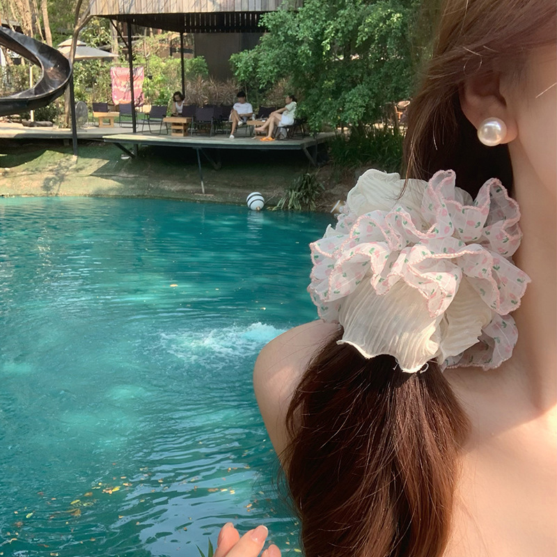 Hilo de burbuja floral plisado de doble capa encaje intestino grueso lazo para el cabello femenino con cola de caballo baja banda de goma Albóndigas Cuerda para el cabello Accesorios para el cabello