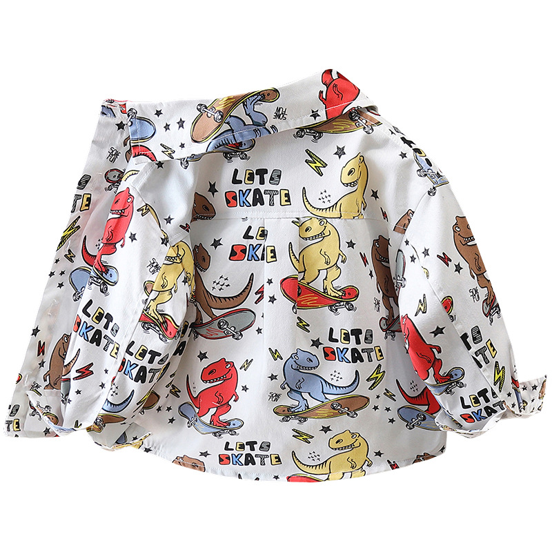 7751 Camisa de primavera para niños Camisa de manga larga con estampado de dinosaurio de dibujos animados para niños Primavera y otoño Tops atractivos de moda Primavera