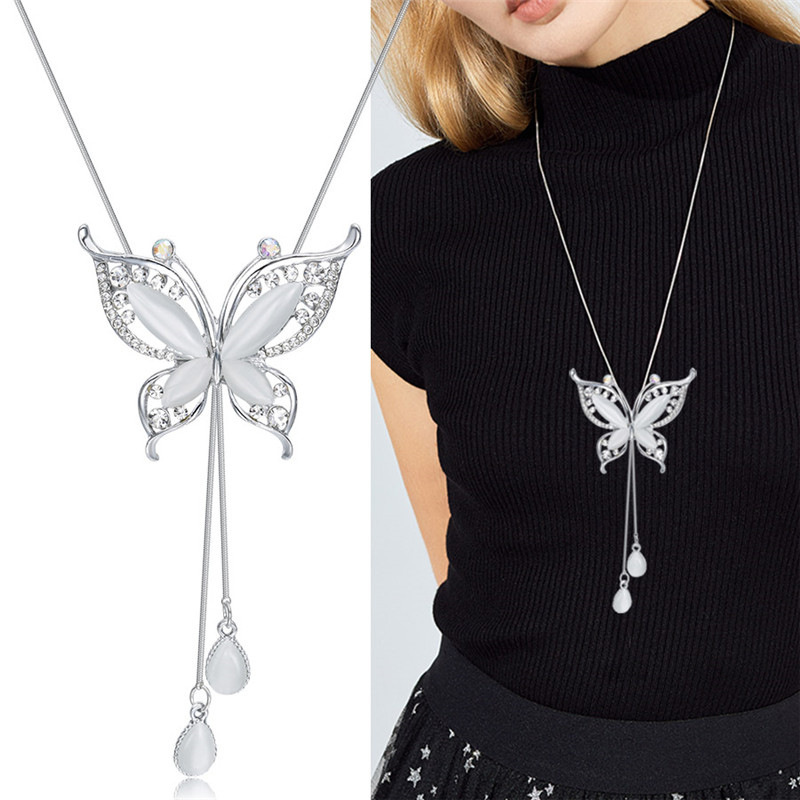 New Korean Style High-End Opal Butterfly Diamond Sweater Chain Fashion Long Wild Clothing Necklace P