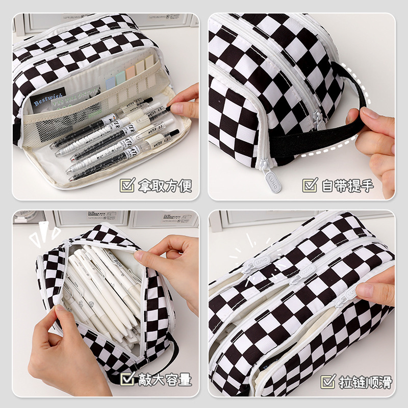 Bolsa de bolígrafo de gran capacidad de tablero de ajedrez de alto valor visual simple papelería almacenamiento bolsa multifuncional dividida