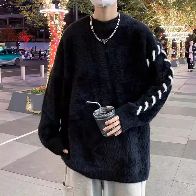 Otoño e invierno engrosado suéter hombre estilo coreano suelta camiseta de punto japonesa invierno nicho de estilo de Hong Kong ropa de hilo perezosa