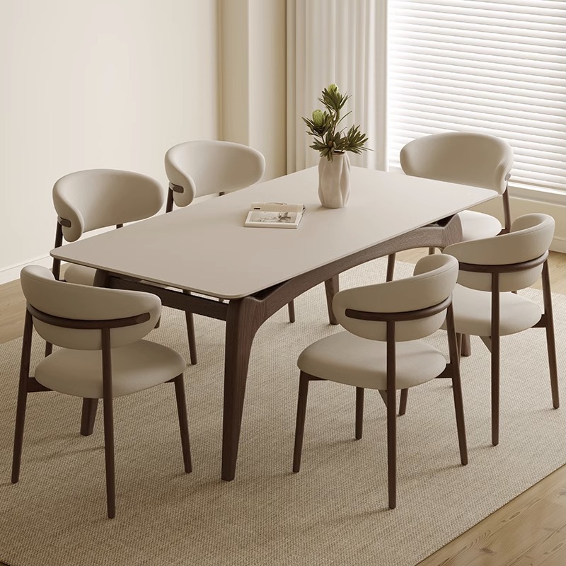 Mesa y silla de comedor de roca de Delifeng combinación rectangular moderna y simple casa pequeña crema viento mesa de comedor de madera de cera blanca