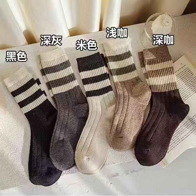 秋冬款袜子加厚保暖粗条纹中筒袜运动长筒袜春秋百搭学院风堆堆袜|undefined