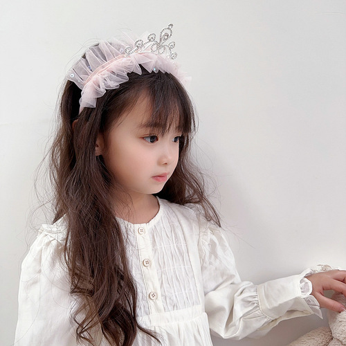 New Princess Style Pink Sequined Mesh Diamond Crown Pressure Clip Headband Pressure Clip Streamer Children's Hair Accessories Headwear