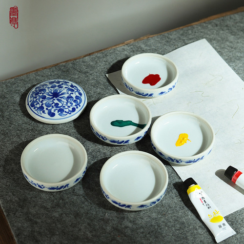 Ink Dish Stationery Ceramic Plate Five-Layer Paint Palette with Watercolor Aged Watercolor Multi-Layer Color Mixing Plate Chinese Painting Four Treasures Inkstone