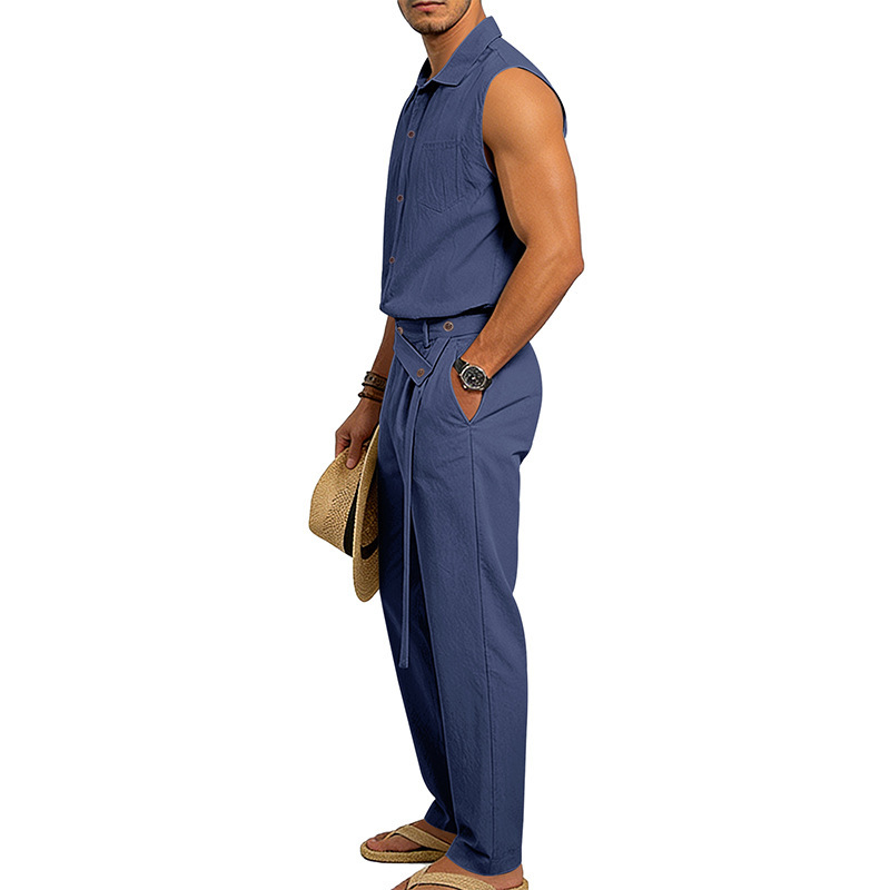 Men's Linen Blend Short Sleeve Shirt And Pants Set Breathable Casual Summer Outfit Comfortable Relaxed Fit_viptrois.com