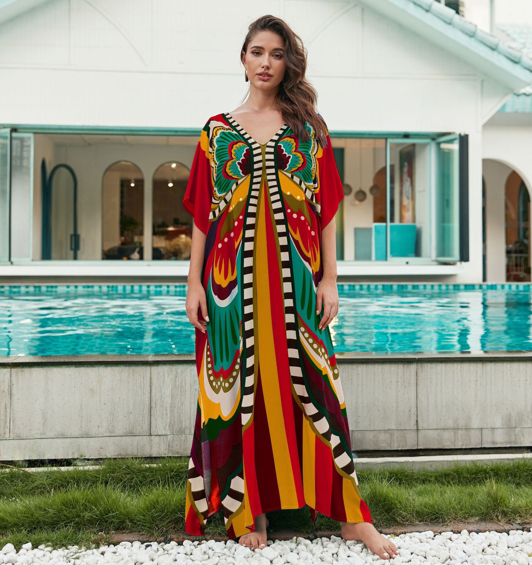 Rochie de plajă lungă kimono dama boho viscoză tie-dye_voghion.com