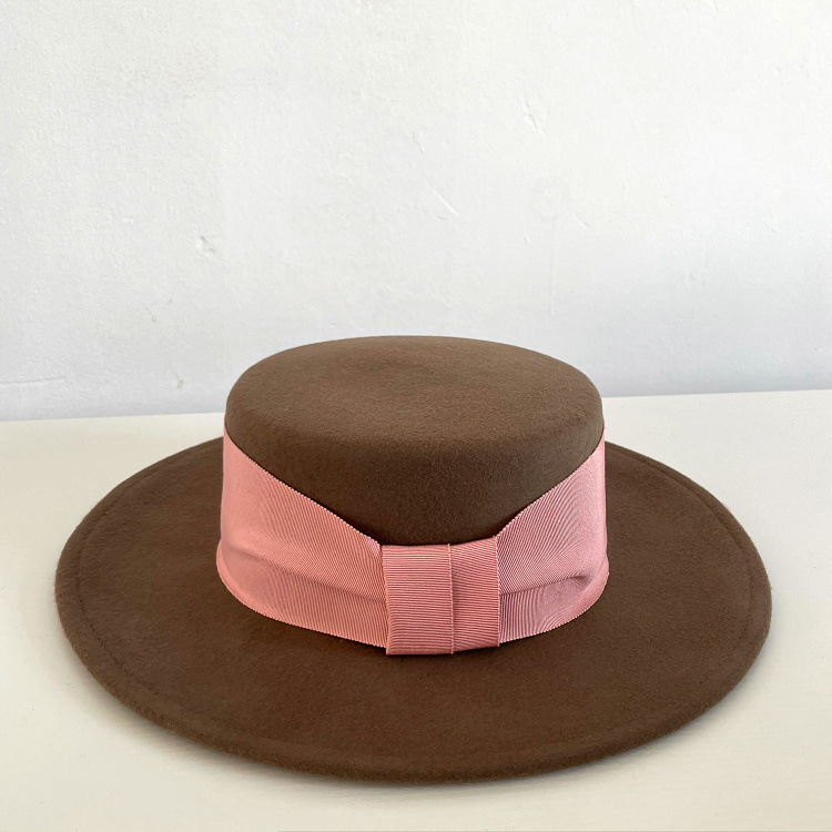 Korean Style Dongdaemun Autumn and Winter New Wide Bow Delicate Woolen Flat Top Hat Travel Fashion Wool Felt Hat Korean Style Dongdaemun Autumn and Winter New Wide Bow Delicate Woolen Flat Top Hat Travel Fashion Wool Felt Hat