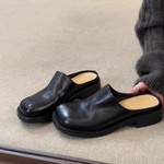 现货牛皮版~包头拖鞋勃肯水洗真皮方头半拖鞋厚底复古皮鞋穆勒鞋