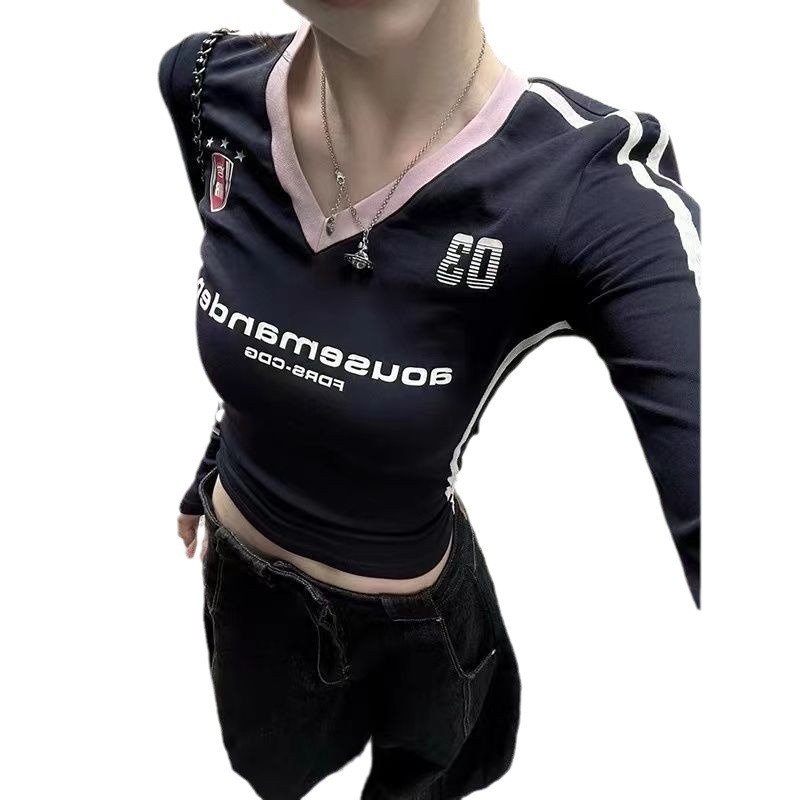 アメリカvネックギャルリボンレトロ衝突色長袖tシャツ女性スポーツボール服春秋薄手スリム着痩せ上着|undefined