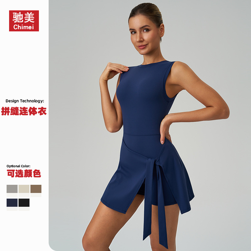 Cross-Border Fake Two-Piece Anti-Exposure Tight Sports Dress Slimming Casual Fitness Beautiful Back Yoga Tennis Dress 8793