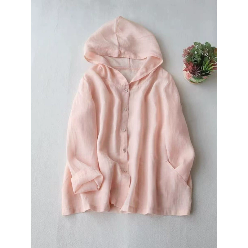 Легкая куртка с капюшоном из рами Женская рубашка с девятью рукавами кардиган свободная летняя солнцезащитная рубашка
