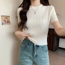 白色正肩短袖针织衫t恤女春夏新款圆领收腰修身辣妹短款内搭上衣