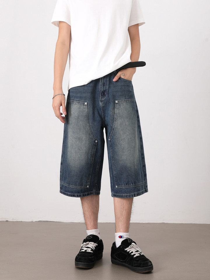 Quần jean nam ống suông rộng lửng giặt mài phong cách retro — Denim đen, Xanh nhạt, Xanh đậm